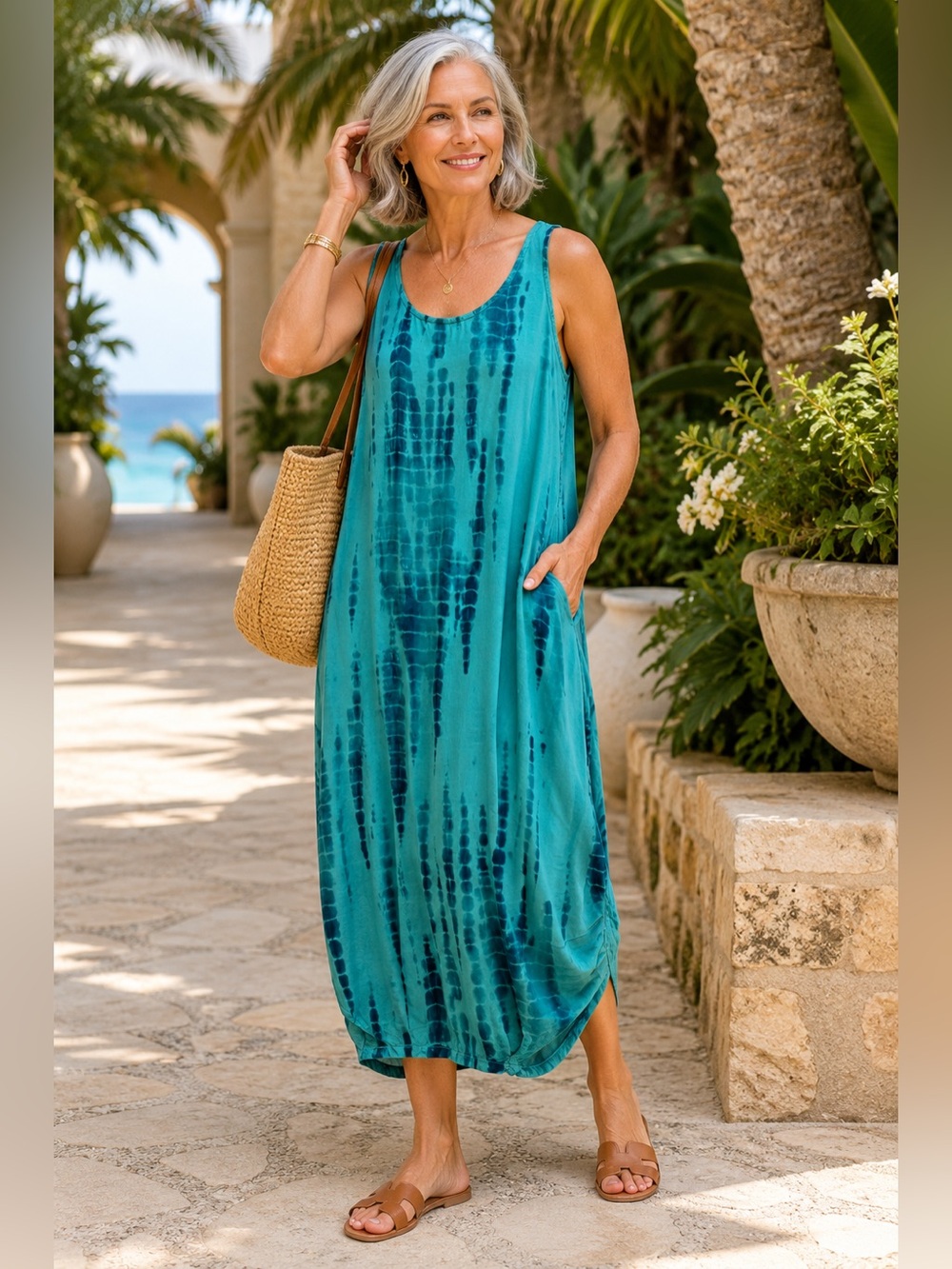 Soft Surroundings Tie Dye Rayon Sleeveless Midi Dress Blue Green M Boho Coastal